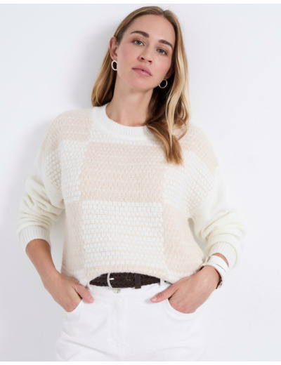 Pull épais en mélange laine bicolore ECRU Femme