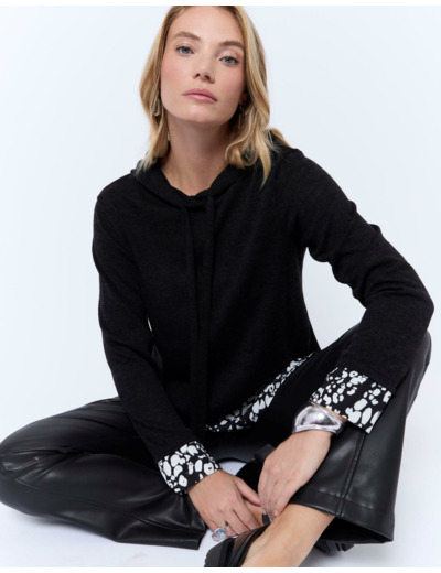 Top manches longues uni décoré NOIR Femme