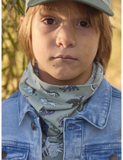 Snood jersey vert sauge imprimé dinosaures