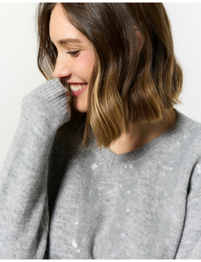 Pull épais uni décoré GRIS Femme