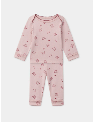 Pyjama rose imprimé tête de chats et coeurs Bébé Fille