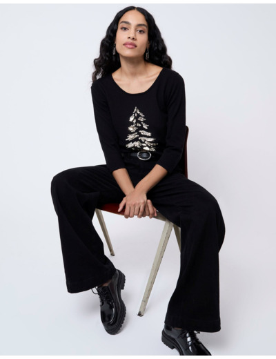 Pull fin uni décoré NOIR Femme