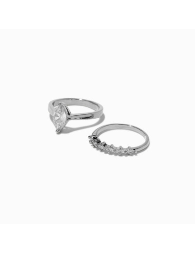 Bague marquise en zircon cubique couleur argentée - Lot de 2