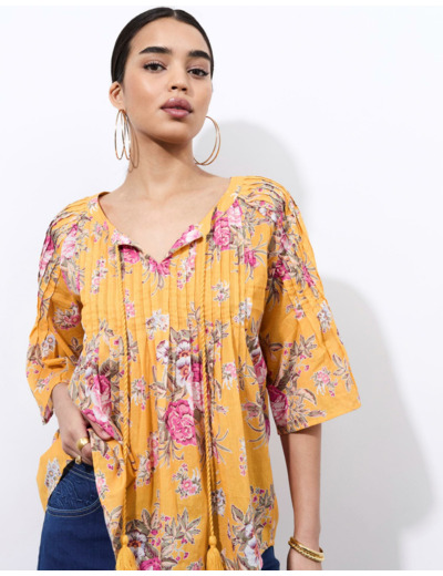 Blouse manches 3/4 imprimé à fleurs JAUNE Femme