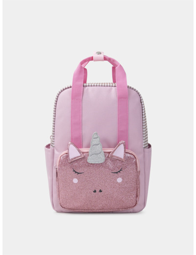 Sac à dos rose avec poche avant en tête de licorne paillettés Fille