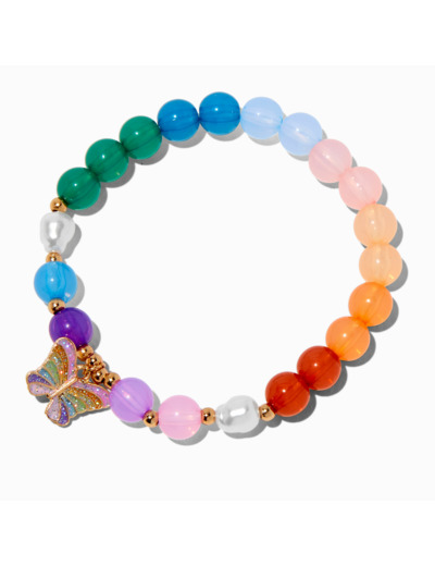 Bracelet élastique perlé arc-en-ciel breloque papillon