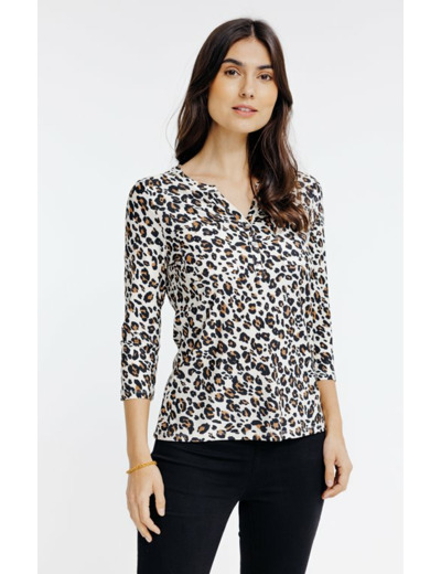 Tee-shirt col mao imprimé léopard