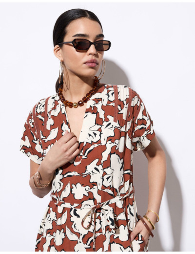 Robe courte imprimé à fleurs MARRON