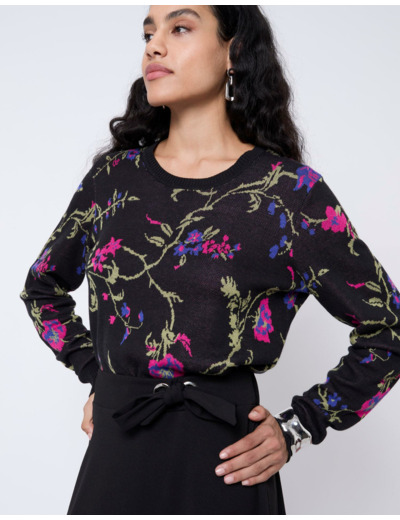 Pull épais en mélange coton Jacquard motif fleurs NOIR Femme