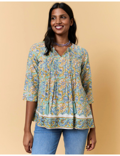 Blouse manches 3/4 imprimé à fleurs VERT PALE Femme