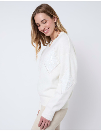 Pull épais en mélange laine uni décoré ECRU Femme