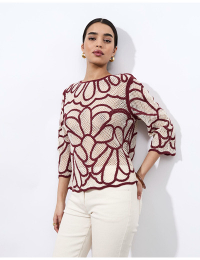 Pull fin court uni décoré BORDEAUX Femme