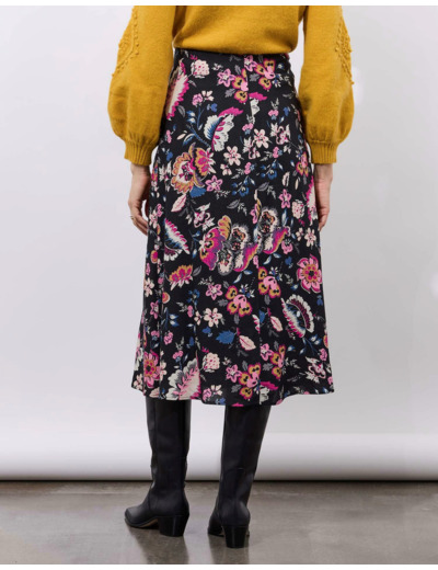 Jupe midi imprimé à fleurs NOIR