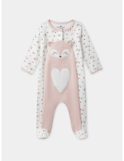 Grenouillère blanc imprimé fleuri et patch renard en velours Bébé Fille