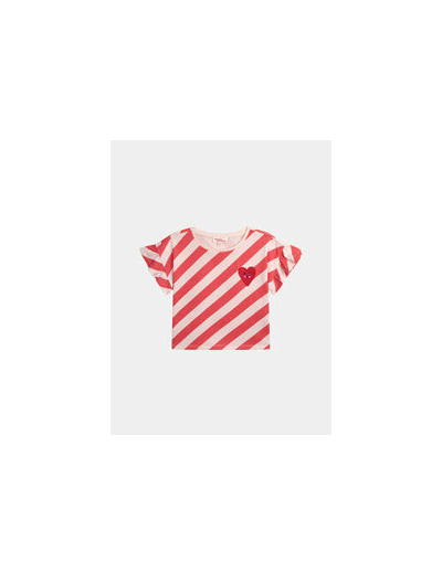 T-shirt rose rayé manches courtes avec badge pour fille