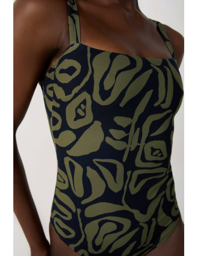 Maillot de bain 1 pièce gainant encolure carrée à motif