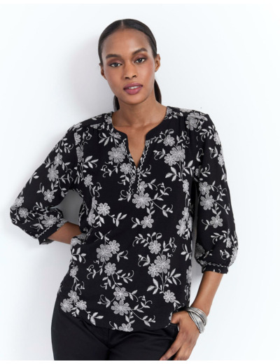 Blouse manches longues imprimé à fleurs NOIR Femme