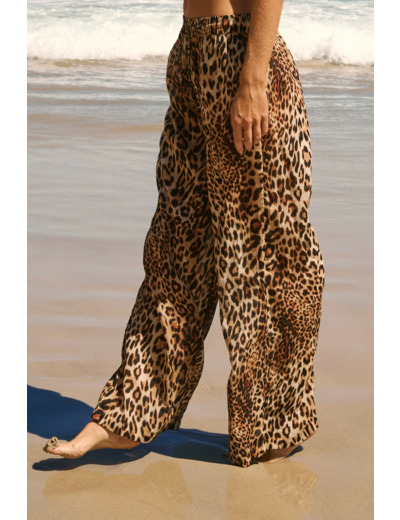 Pantalon fluide élaqstiqué en coton à imprimé léopard,Pantalon fluide élaqstiqué en coton à imprimé léopard;${refinementColor}