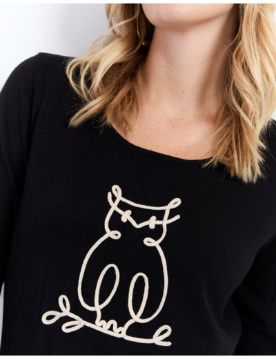 Pull fin uni décoré NOIR Femme