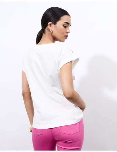 T-Shirt manches courtes 100% coton uni décoré ECRU Femme