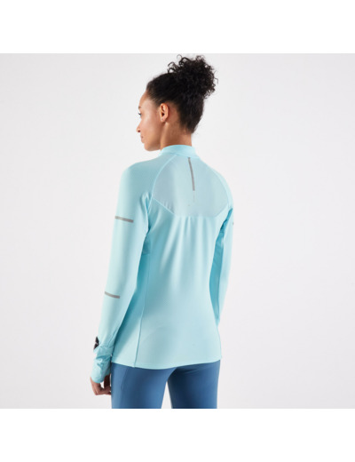 T-shirt 1/2 zip manches longues de running Femme - KIPRUN Run 500 Warm Bleu ciel