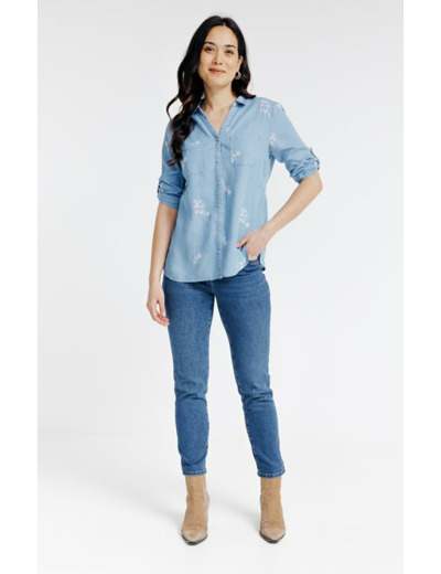 Chemise unie brodée fleur ginko