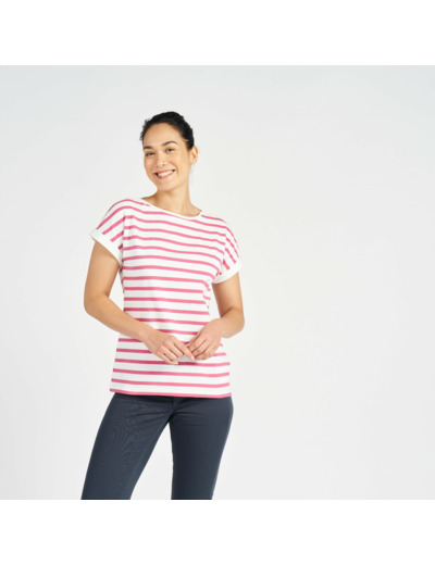 T-shirt manches courtes - marinière de voile sailing 100 femme ecru rose