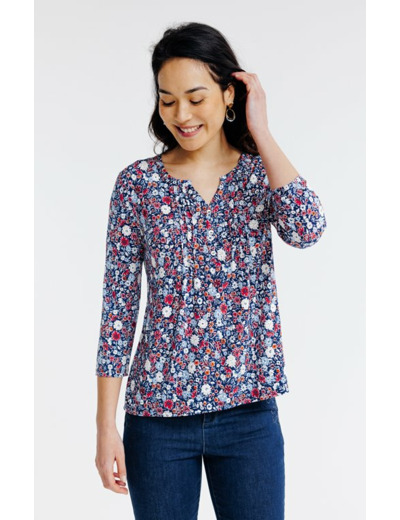 Tee-shirt col mao imprimé fleurs