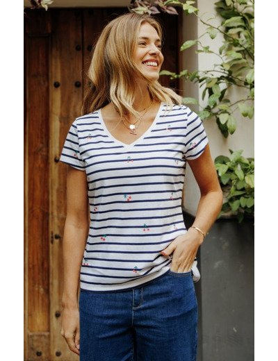 Tee-shirt rayé cerises à manches courtes