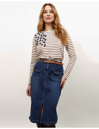 Tee-shirt marinière manches longues en mélange coton rayée MARRON Femme