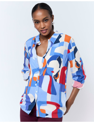 Chemisier manches longues imprimé BLEU Femme