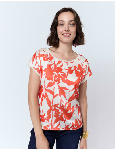 Top manches courtes bi-matière imprimé à fleurs ORANGE Femme