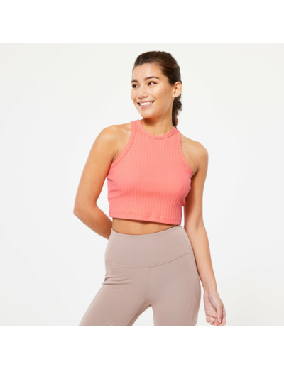 Débardeur CROP TOP Fitness Femme - 520 côtelé corail pastel