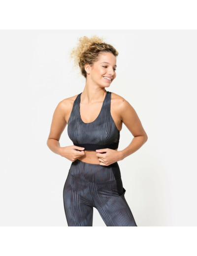 Brassière dos nageur avec coques maintien modéré Femme, Imprimé noir et gris