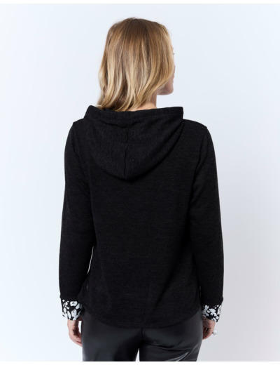 Top manches longues uni décoré NOIR Femme