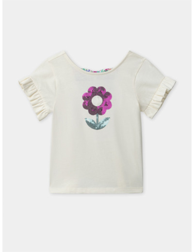 T-shirt blanc fleur à sequins et manches courtes Fille