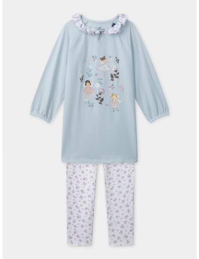 Chemise de nuit bleu clair imprimée fée et legging fleuri Fille