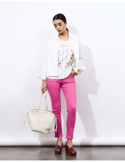 T-Shirt manches courtes 100% coton uni décoré ECRU Femme