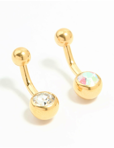 Gold Plated Titanium Cubic Zirconia Simple Belly Bars 2-Pack