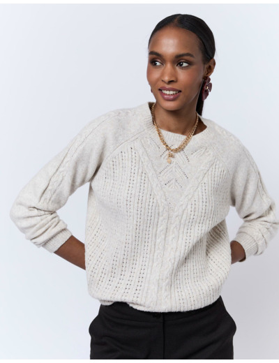 Pull épais en mélange laine uni BEIGE Femme