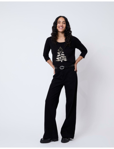 Pull fin uni décoré NOIR Femme