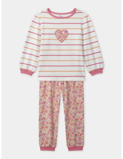 Pyjama à rayures tricolore imprimé fleuri Fille