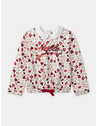 Sweat-shirt imprimé fleuri à sequins "Hello" et col claudine Fille
