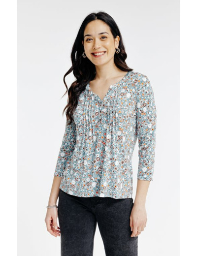 Tee-shirt col mao imprimé fleurs
