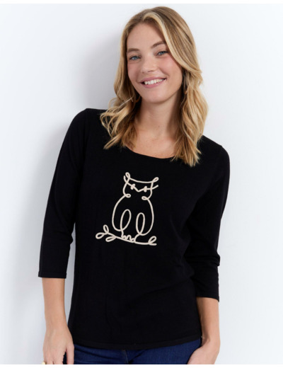 Pull fin uni décoré NOIR Femme