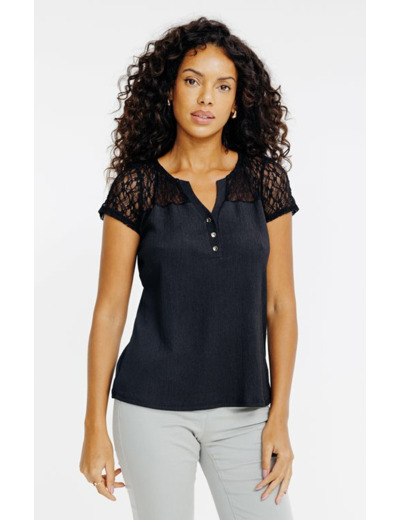 Tee-shirt uni dentelle manches courtes