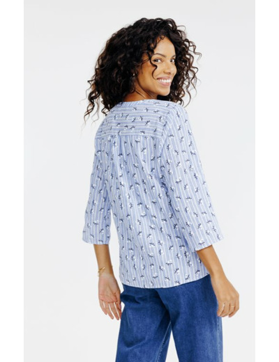 Tunique col mao rayée avec petite fleur