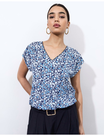 Top manches courtes imprimé à fleurs BLEU Femme