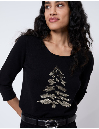 Pull fin uni décoré NOIR Femme