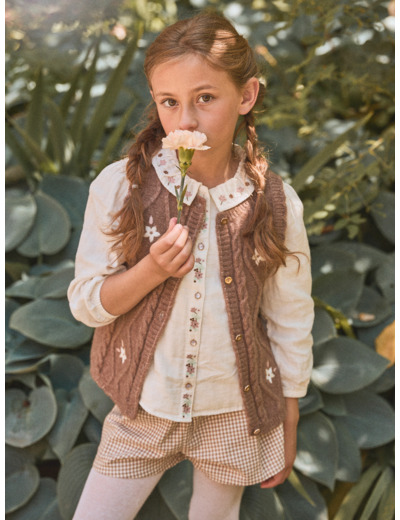 Cardigan marron avec broderie fleurs sans manches Fille